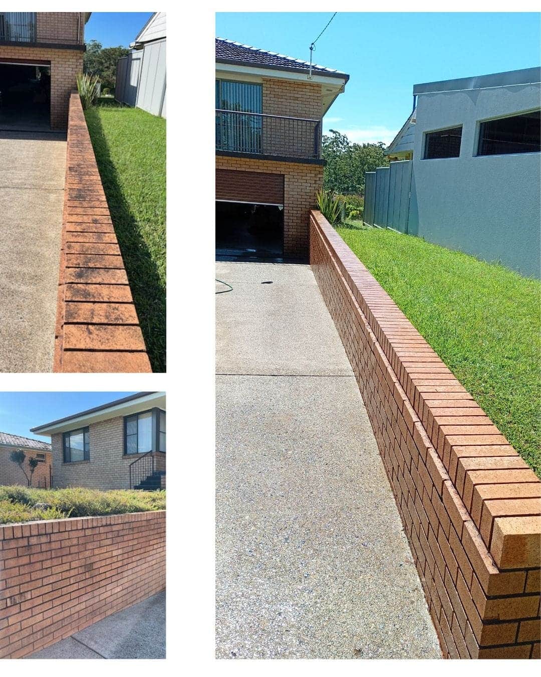 Before and after pressure cleaning a driveway and brick retaining wall in Coffs Harbour