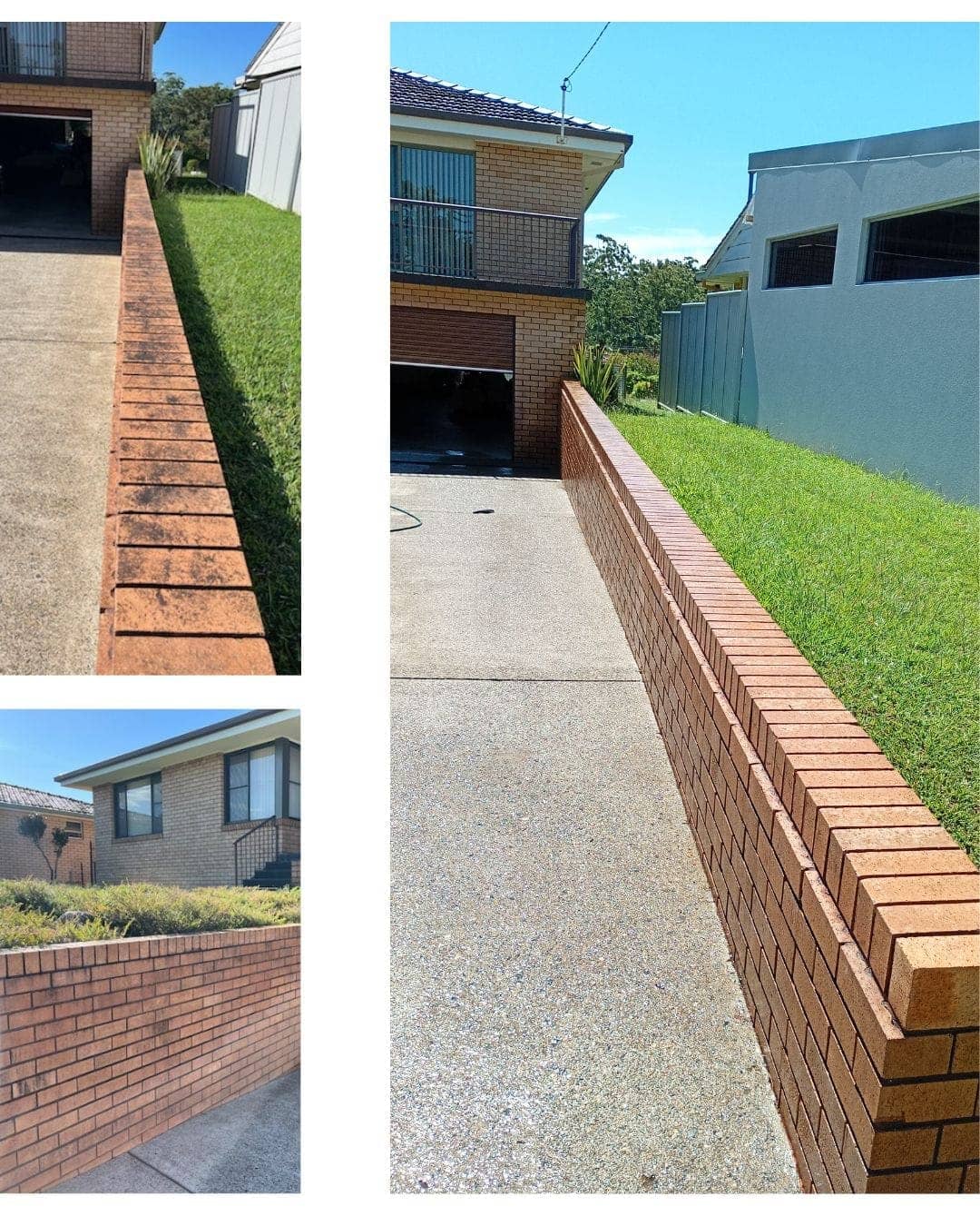 Before and after pressure cleaning a driveway and brick retaining wall in Coffs Harbour