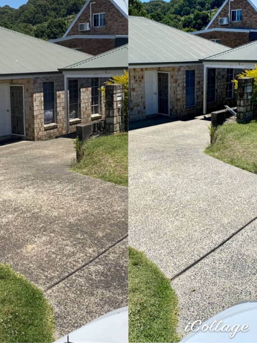 Before and after pressure cleaning a residential driveway in Coffs Harbour showing dirt and grime removal