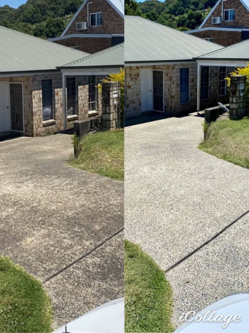 Before and after pressure cleaning a residential driveway in Coffs Harbour showing dirt and grime removal