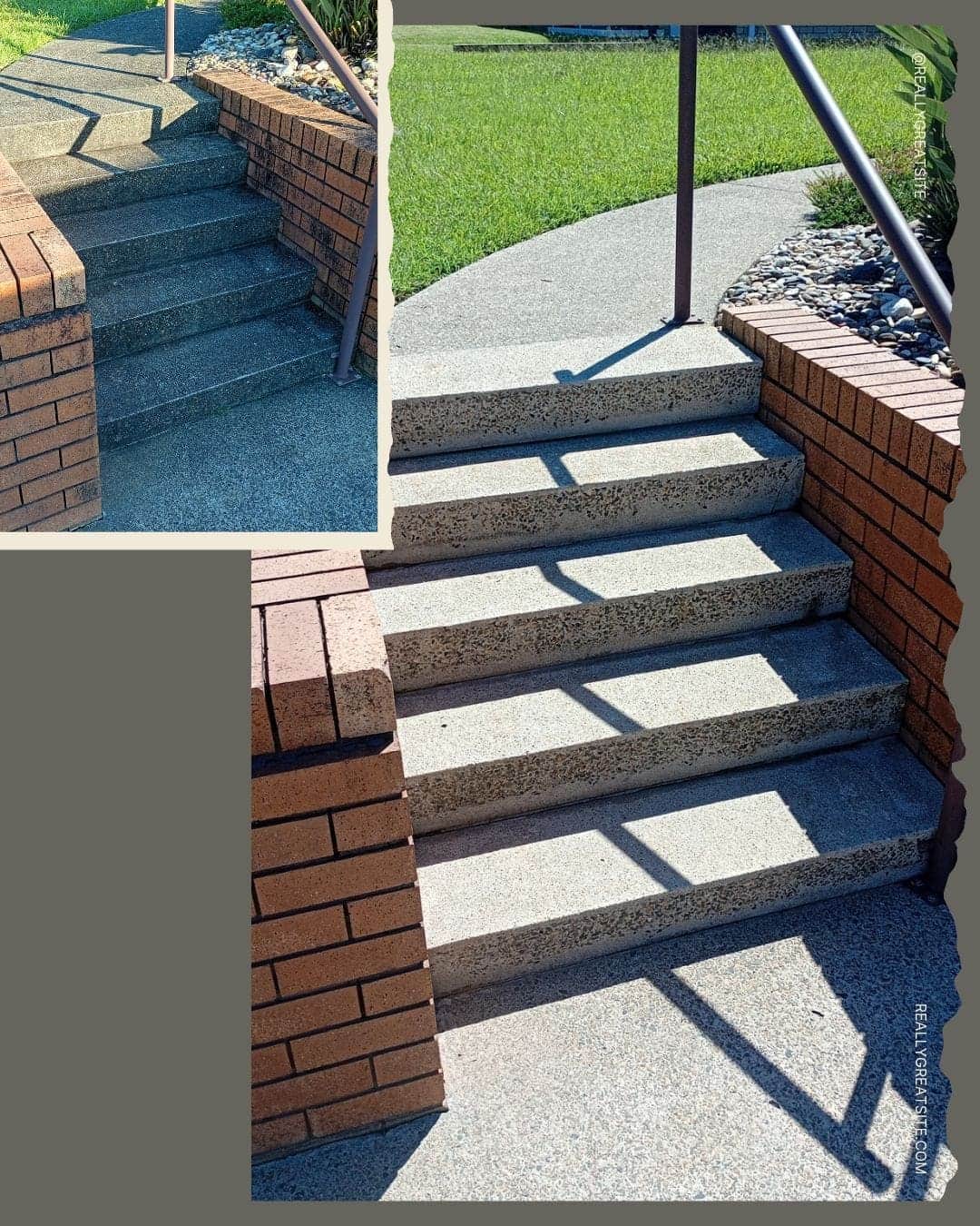 Before and after pressure cleaning concrete steps and brick edging showing algae and dirt removal