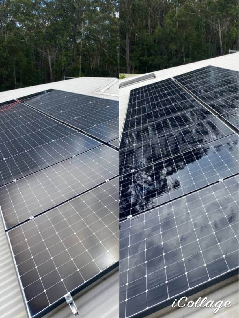 Before and after professional solar panel cleaning showing dirty panels restored to full clarity