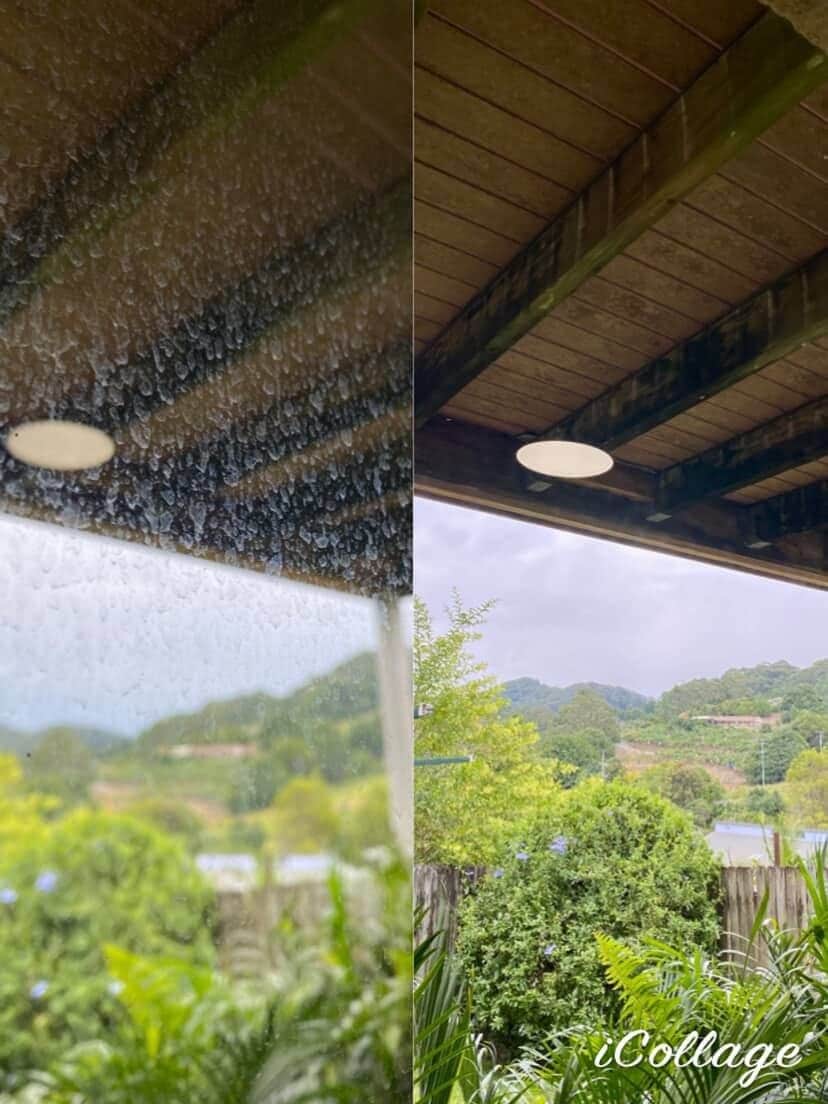 Before and after window cleaning showing water spots and grime removed for crystal clear glass